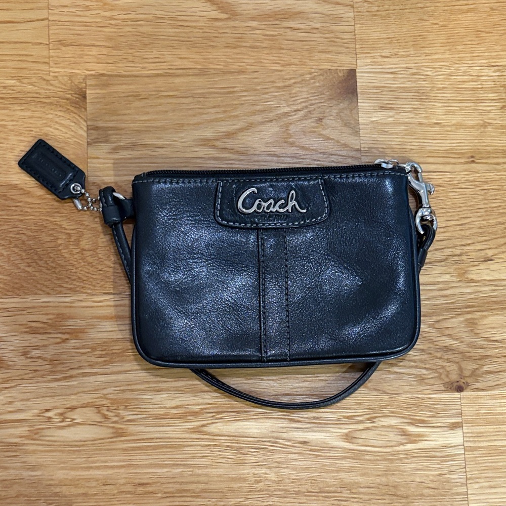 Coach Black Leather Wristlet with Silver Accents